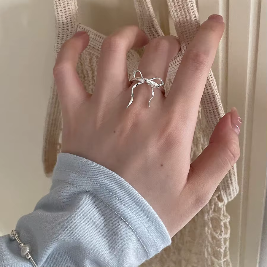 Bagues romantiques en ruban avec nœud papillon pour femmes, couleur argent, lignes géométriques exqu