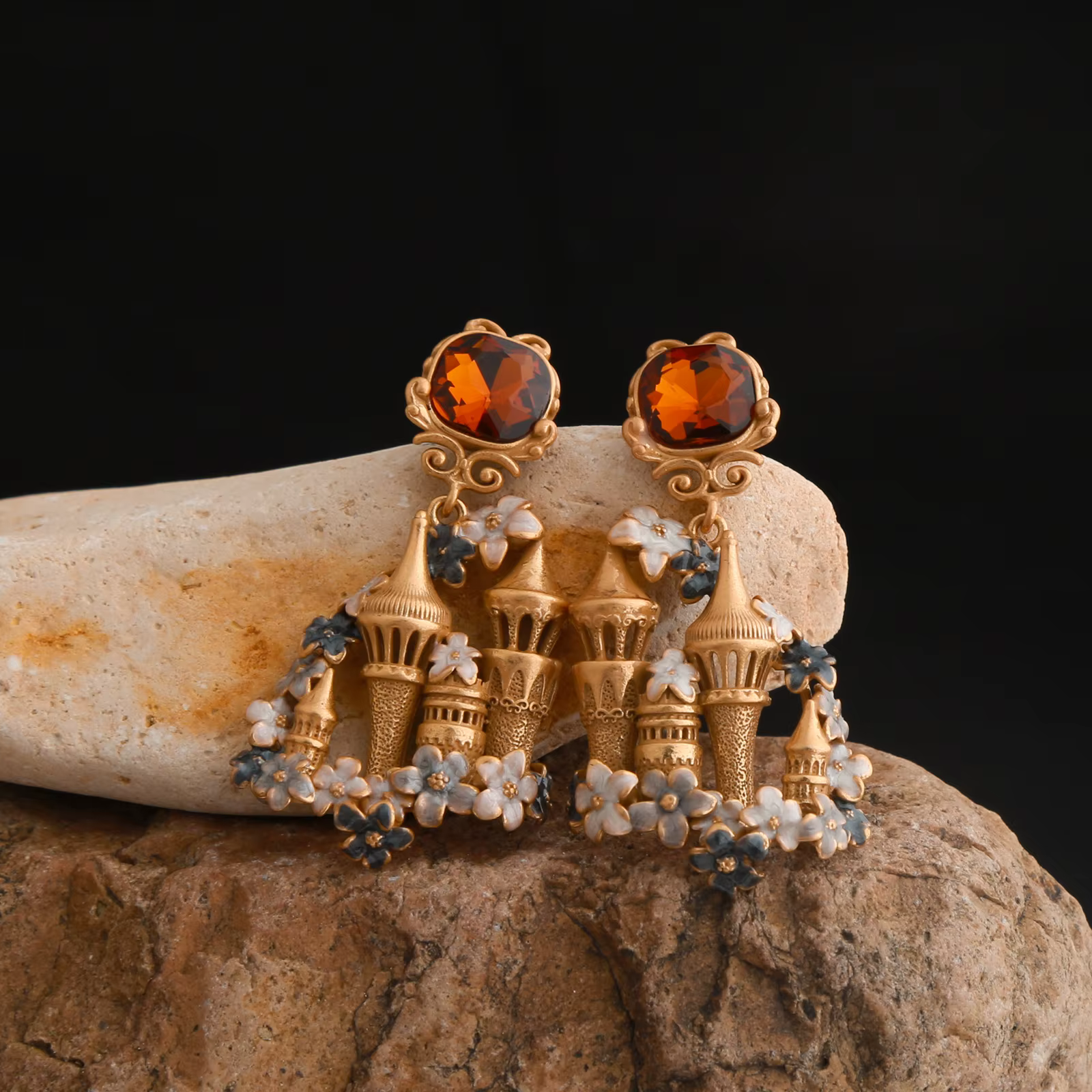 Boucle d'oreille Vintage en émail château d'or, broche en argent 925, Agate rouge, cristal, cerceau 