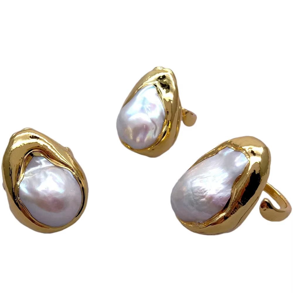 Bague plaquée or perle baroque blanche cultivée, taille réglable, 3 pièces