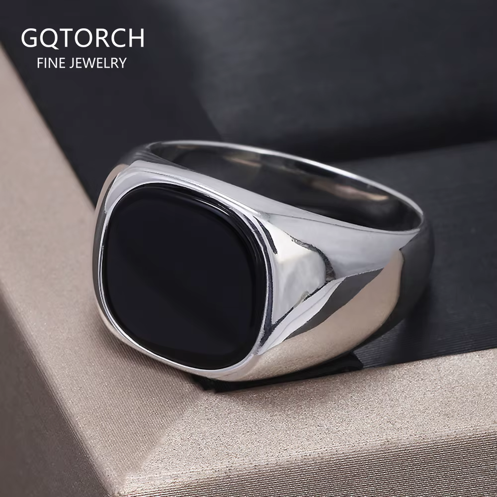 Bague chevalière en argent Sterling S925 pour hommes, Onyx noir, tendance, rétro, lisse, Punk Rock, 