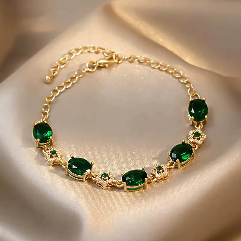 Luxe Vert Strass Cristal Bracelet Or Couleur Lien Chaîne Bracelets Pour Femmes Vintage Fête Mariage 