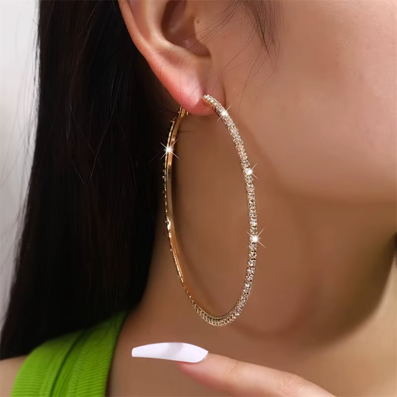 2025 nouvelle mode Style exagéré brillant cristal Rhin femmes grandes boucles d'oreilles rondes exqu