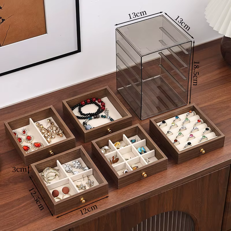 Boîte de rangement de bijoux en grain de noyer avec cinq tiroirs pour collier, bracelet, bague, bouc