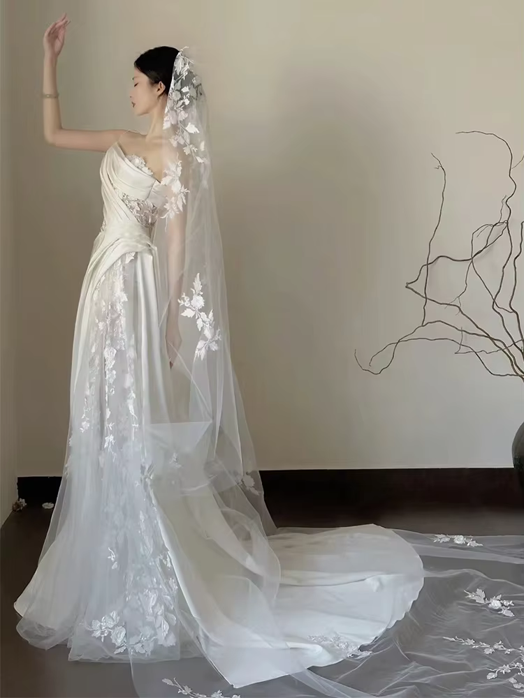 Robe de Mariée en Satin et Dentelle Sexy, Jupe Trapèze Sans Bretelles, en Queue de Poisson, Personna