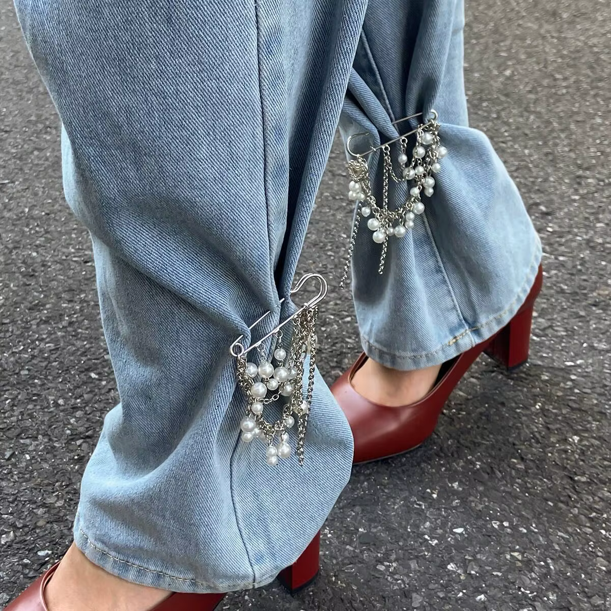 Lacteo élégant réglable Imitation perle gland chevilles chaînes femmes exquis créatif pantalon jean 