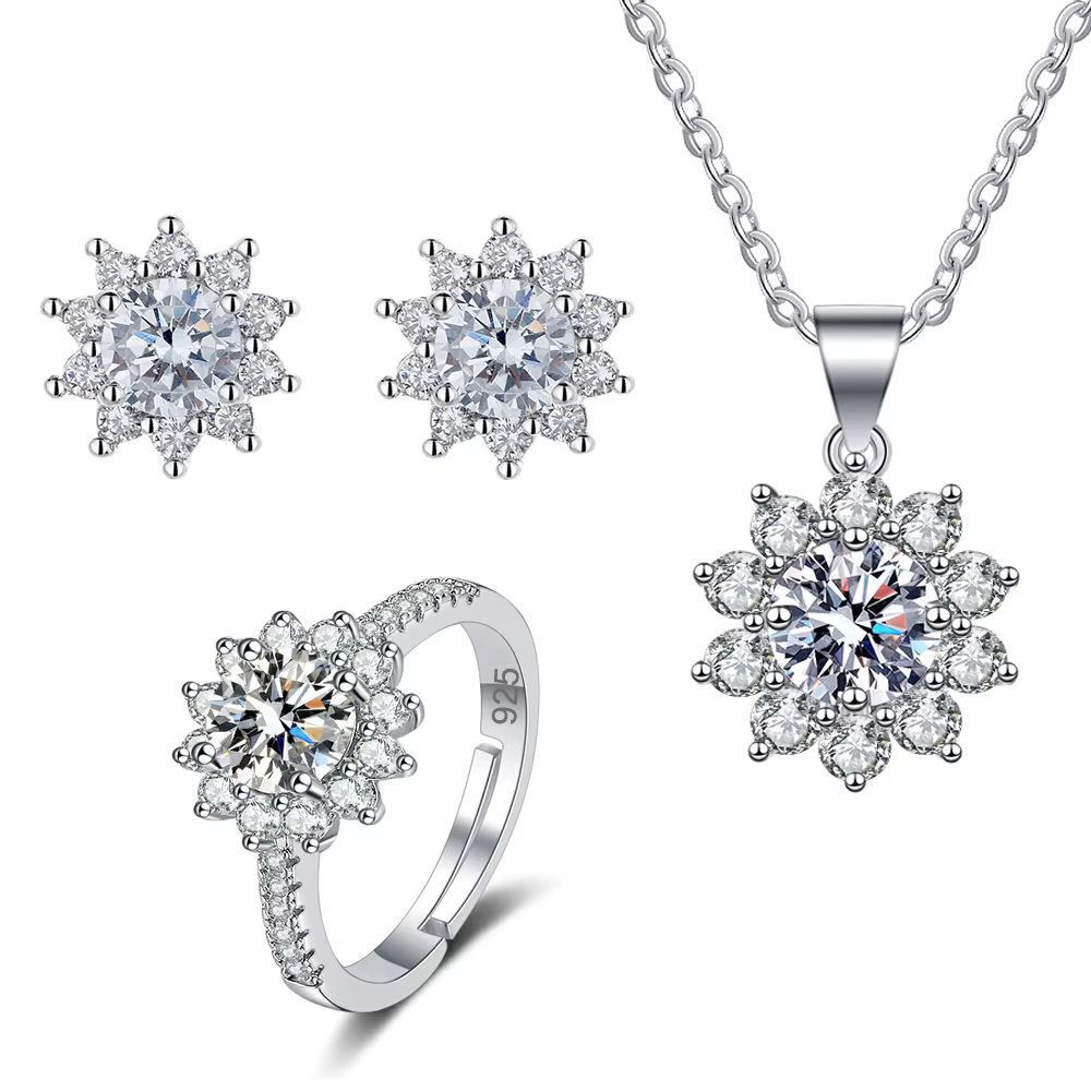 Ensemble de bijoux en argent regardé 925 pour femme, collier, boucle d'oreille, bague, haute qualité