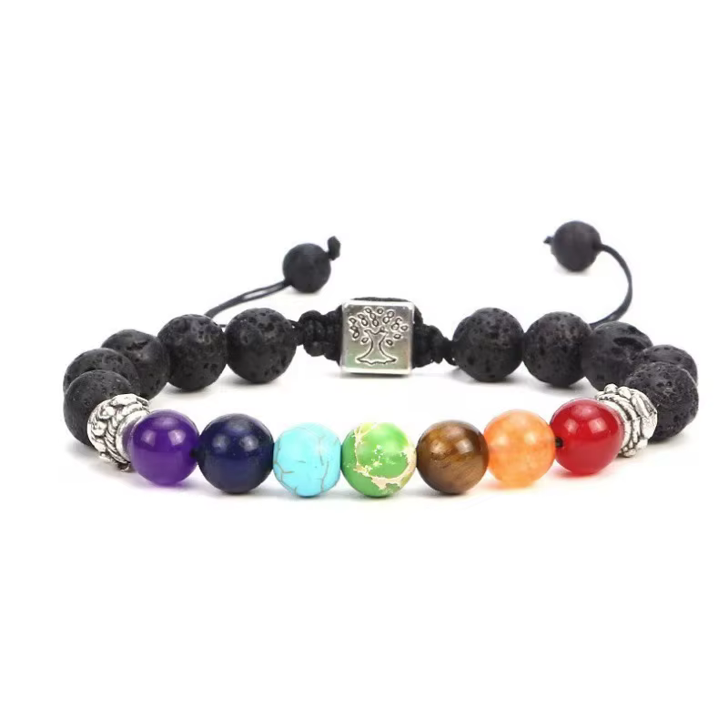 Bracelets porte-bonheur arbre de vie 7 chakras pour hommes, perles en pierres de lave, corde tressée