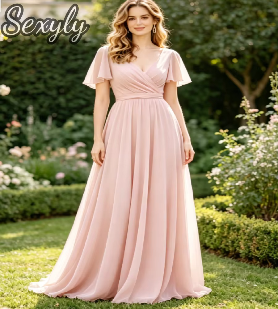 Robe de Demoiselle d'Honneur en Chiffon Vert Sauge, Col en V, Manches Courtes Volantes, Taille Nouée