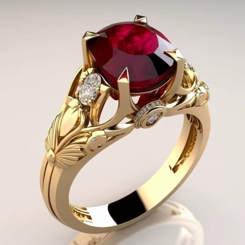 Bague Statement Rétro Art Déco en Or Jaune avec Rubis, Corindon Rouge Taille Ovale et Pierres de Zir
