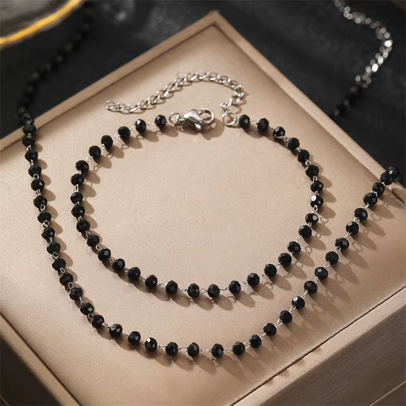 Bohème acier inoxydable noir perle verre pierre collier Bracelet ensemble femme bijoux Bijuterias Ki