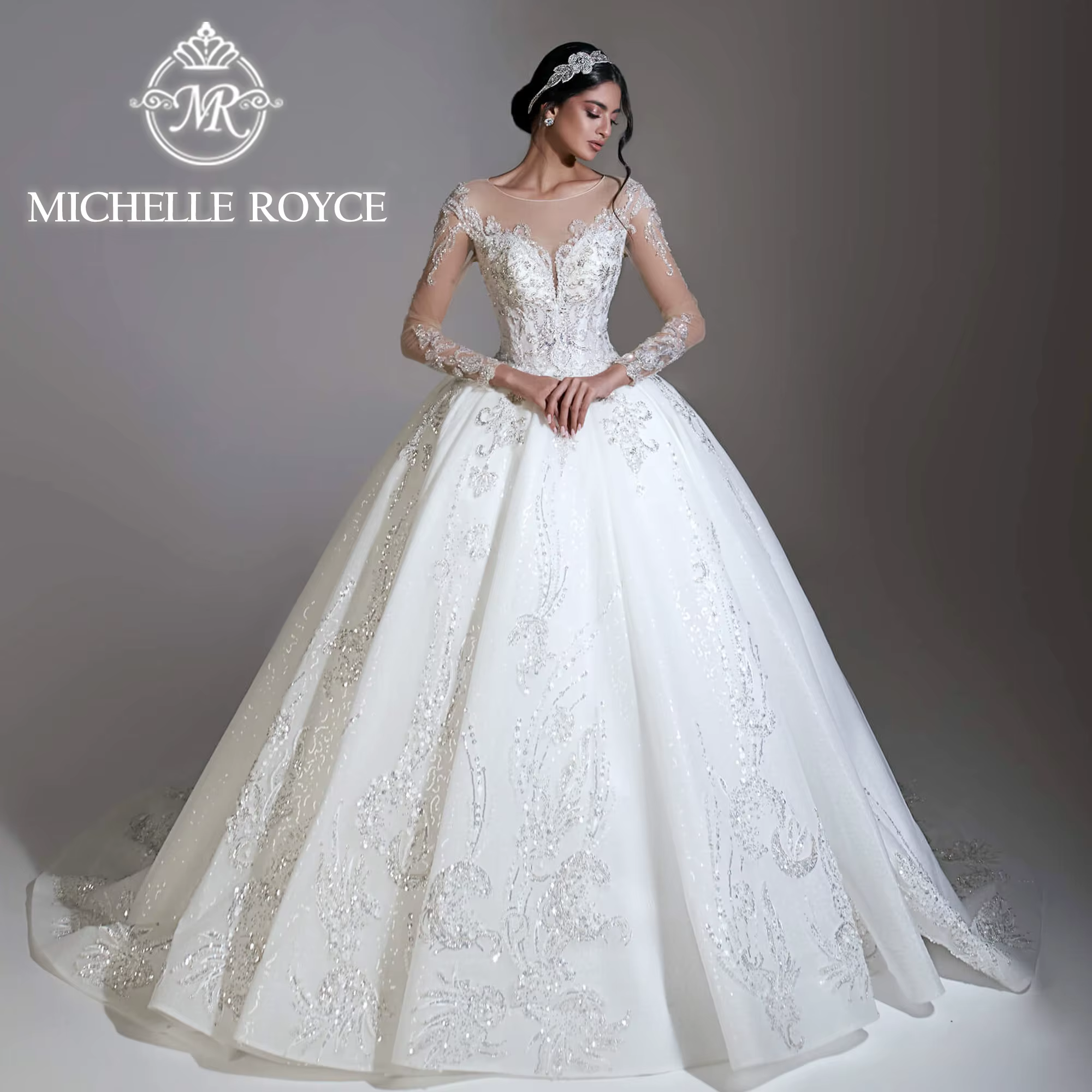 Robe de mariée Michelle Royce, sexy et chic, col en V, broderie, perles, tulle scintillant, robe de 