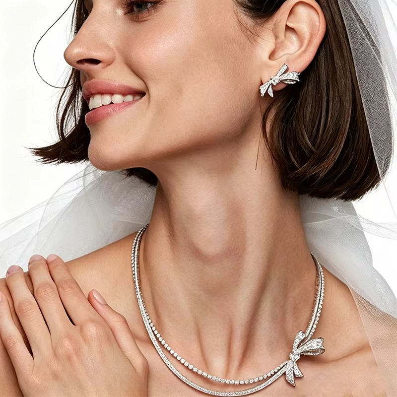 Parure de bijoux en zircon avec nœud de mariée, collier double rang et boucles d'oreilles pour femme