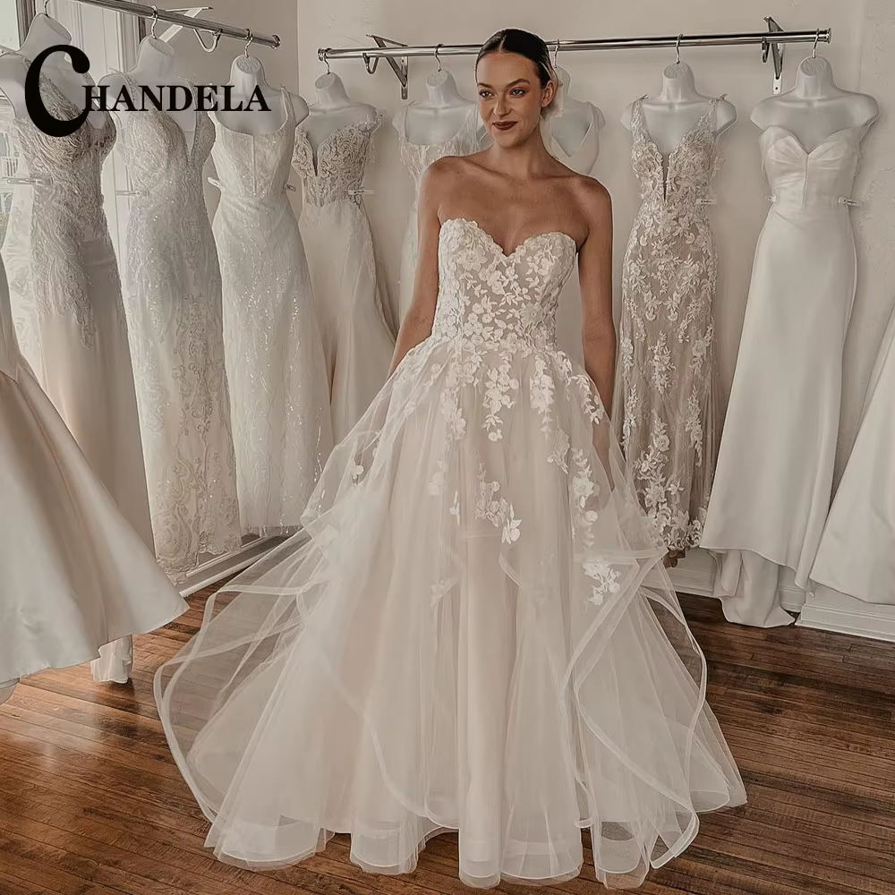CHANDELA-Robe de mariée à volants pour femme, conte de fées, fibretulle, ligne A, plis, brosse, trai