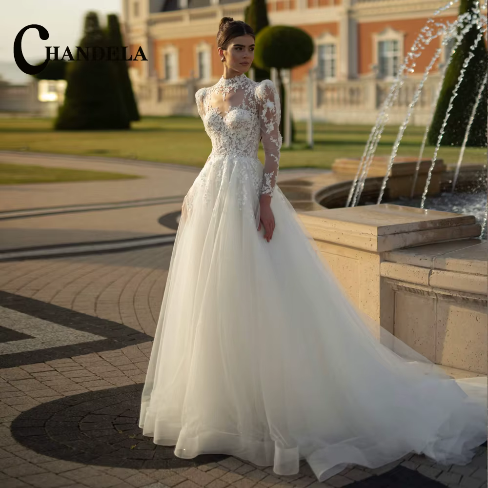 CHANDELA Robe de mariée élégante à col montant pour la mariée, manches longues, appliques en dentell