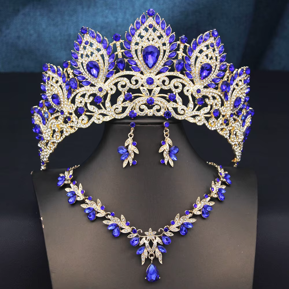 Parures de bijoux de mariée en 11 couleurs, diadèmes et colliers avec boucles d'oreilles pour femmes