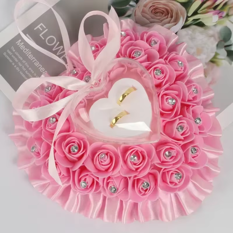 Coussin romantique en forme de cœur pour bague de mariage, porte-anneau en cristal satiné Lvory, déc