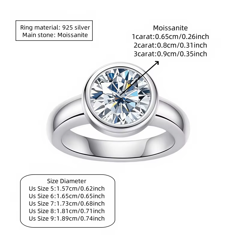 Bague ronde en moissanite 1/2/3 carat en argent sterling 925, élégante et unisexe, idéale pour les f