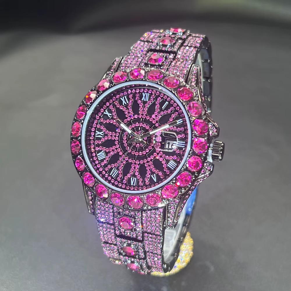 Vente chaude Rose glace montre pour hommes marque de mode MISSFOX Hip Hop plein diamant luxe bijoux 