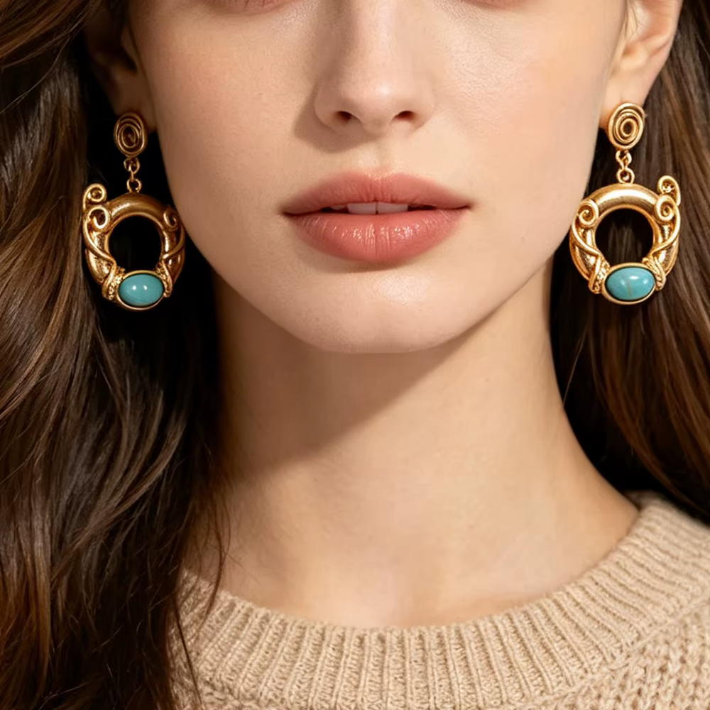 Boucles d'oreilles pendantes en pierre turquoise, design cercle creux en spirale doré, bijoux tendan