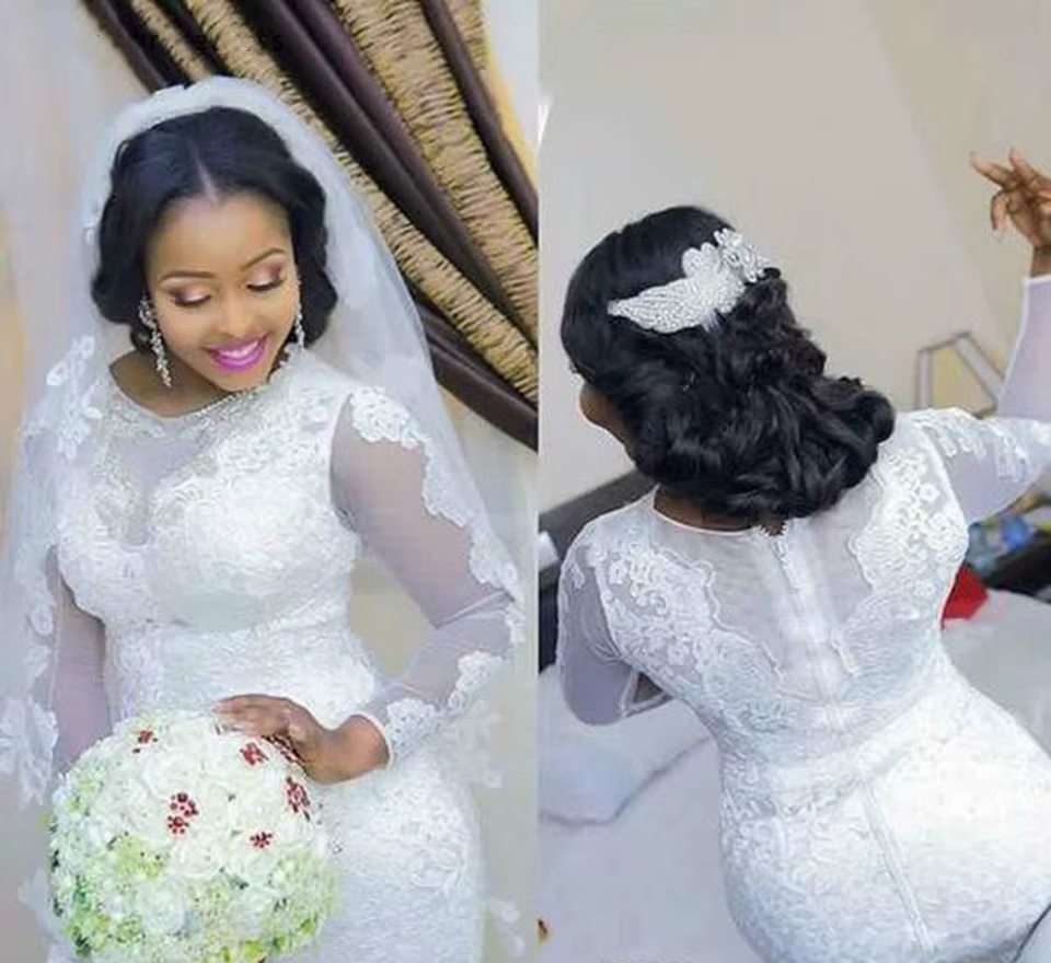 Robes de mariée sirène 2026 blanches/ivoire, élégantes, à manches longues en dentelle, pour femmes a