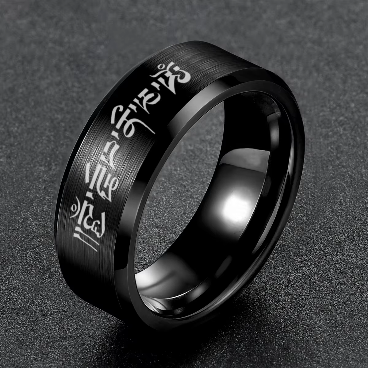 Bague noire pour hommes, accessoires de doigt, personnalité rétro, écriture bouddhiste, Mantra Om Ma