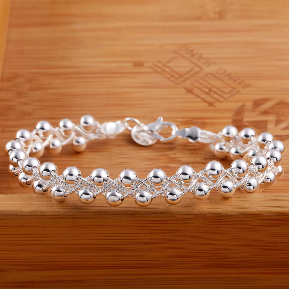 Bracelet en argent regardé 925 pour femme, belle chaîne de perles tressées, bijoux fins à la mode, c