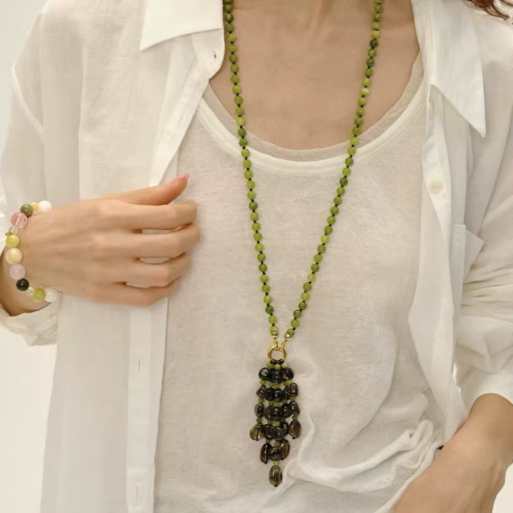 Collier en cristal de quartz fumé pour femme, avec pendentif pompon raisin vert et fruit mûre, bijou