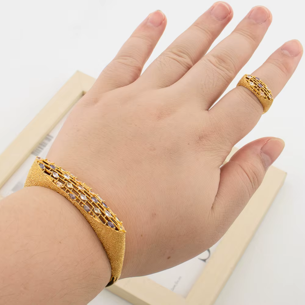 Ensemble de bijoux couleur or dubaï, Design en pierre colorée, Bracelet à main pour mariage, mariée,
