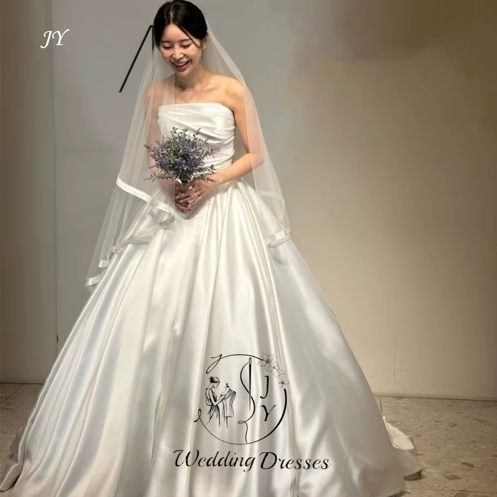 Robe de mariée classique coréenne JY en satin ivoire, bustier plissé, silhouette robe de bal, longue