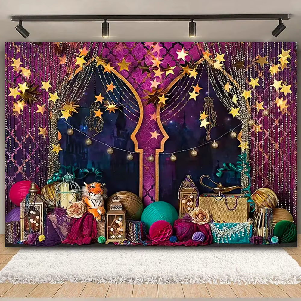 Décor de fête d'anniversaire pour nuits marocaines arabes, arrière-plan de photographie Aladdin, ban