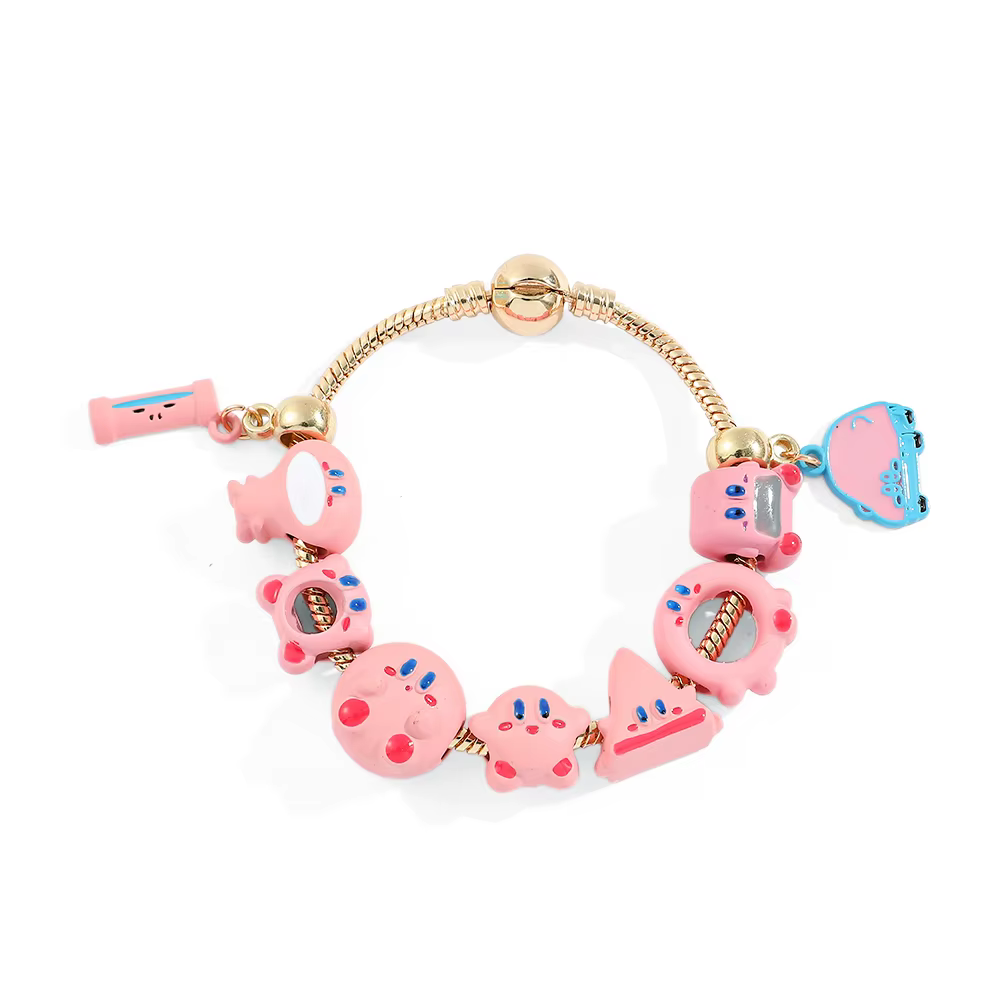 Bracelet Jonc Plaqué Or avec Breloques Kirby Émaillées Roses, Bijoux Thème Anime Kawaii pour Fans, A