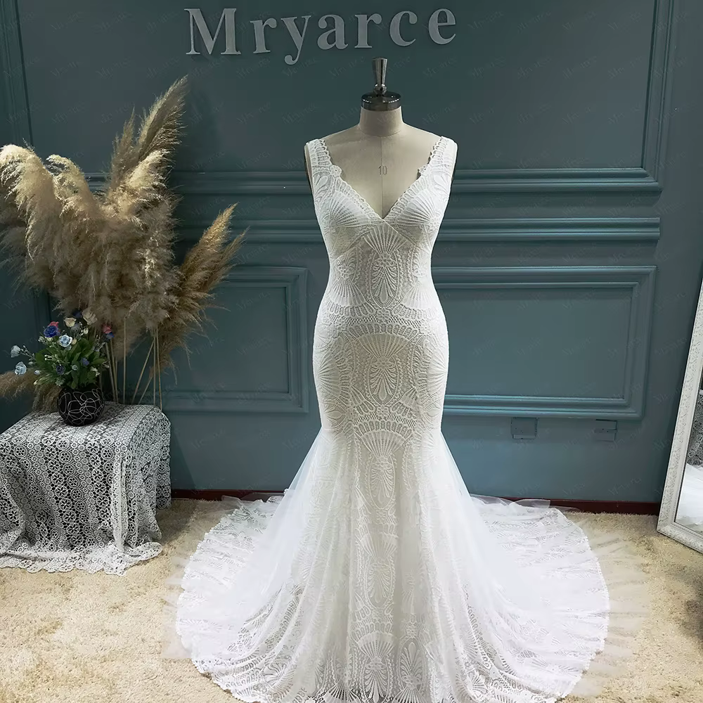 Mryarce Robes de mariée bohèmes, col en V profond, dentelle extensible, robe sirène, robes de mariée