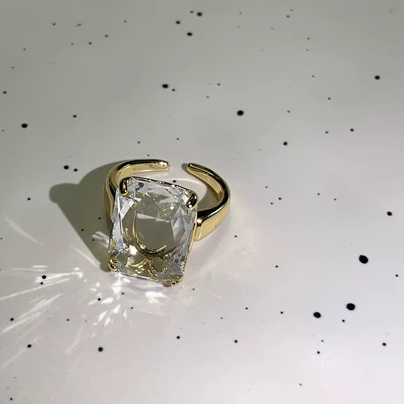 Bagues carrées transparentes en cristal couleur or, style rétro européen et américain, Nouveauté 202