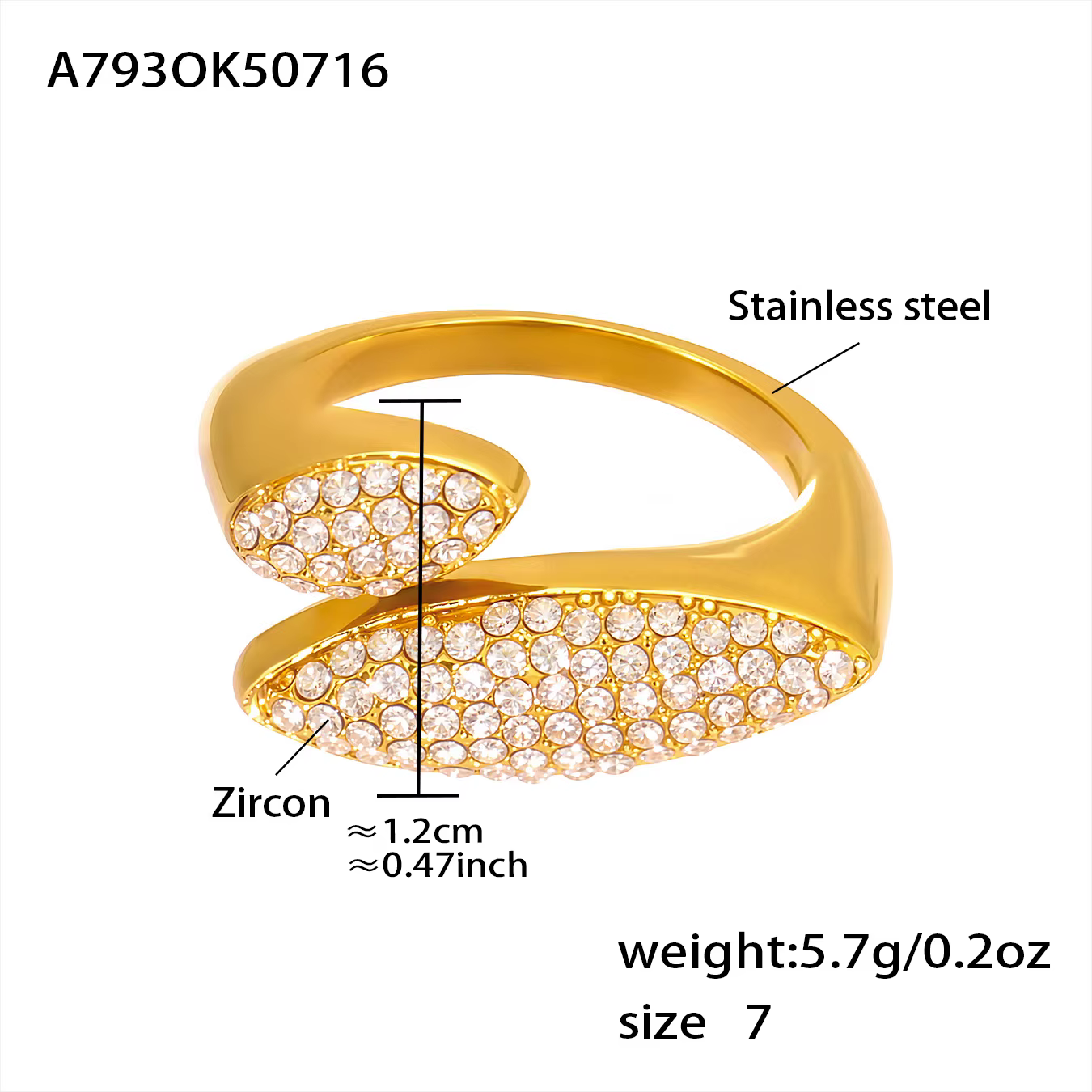 Bague en argent et or Zircon brillant pour femmes, bague de luxe en acier inoxydable 316 plaqué or 1