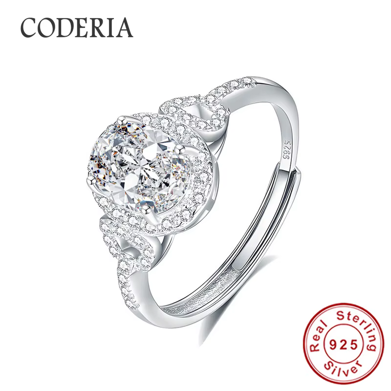 Bague en moissanite taille ajustable 1,5 carat 6*8mm coupe ovale pour femme, en argent sterling 925,