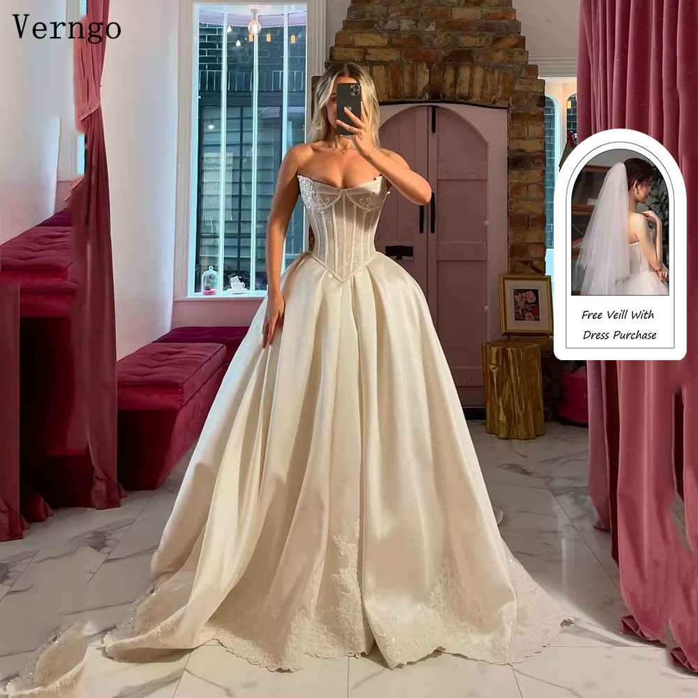 Verngo-Robe de Mariée en Satin, Taille Basque, Coupe Trapèze, Longue, Personnalisée, Quelle que soit