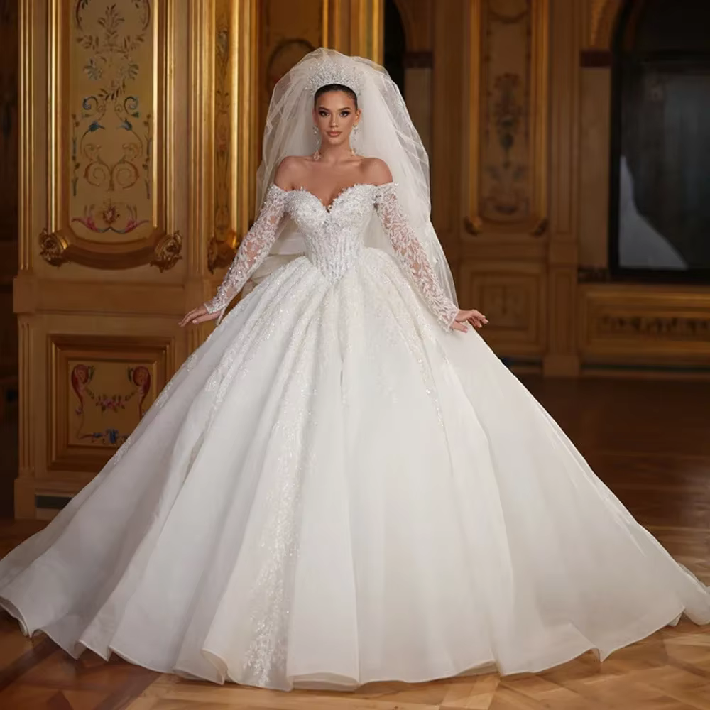 Robe De mariée princesse trapèze De luxe personnalisée, épaules dénudées, en dentelle brodée, avec t