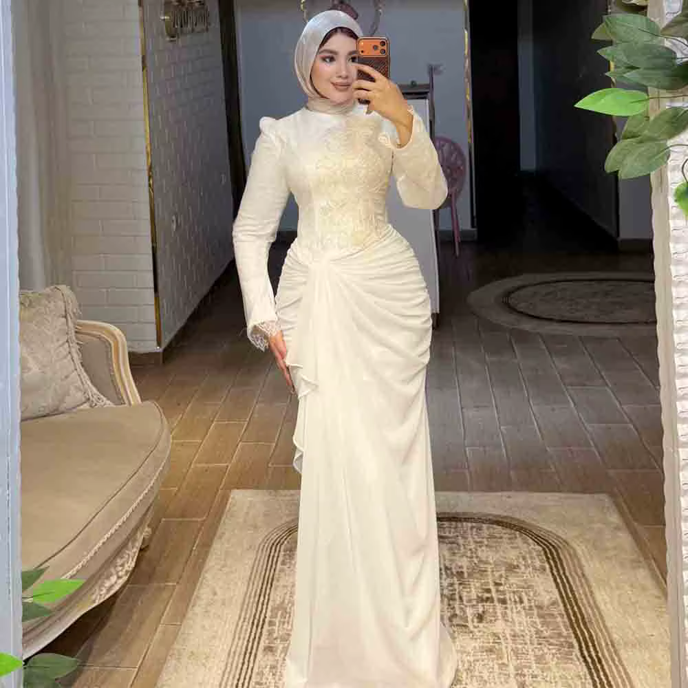 Robe de mariée musulmane modeste personnalisée en mousseline drapée, coupe sirène, pour femmes porta