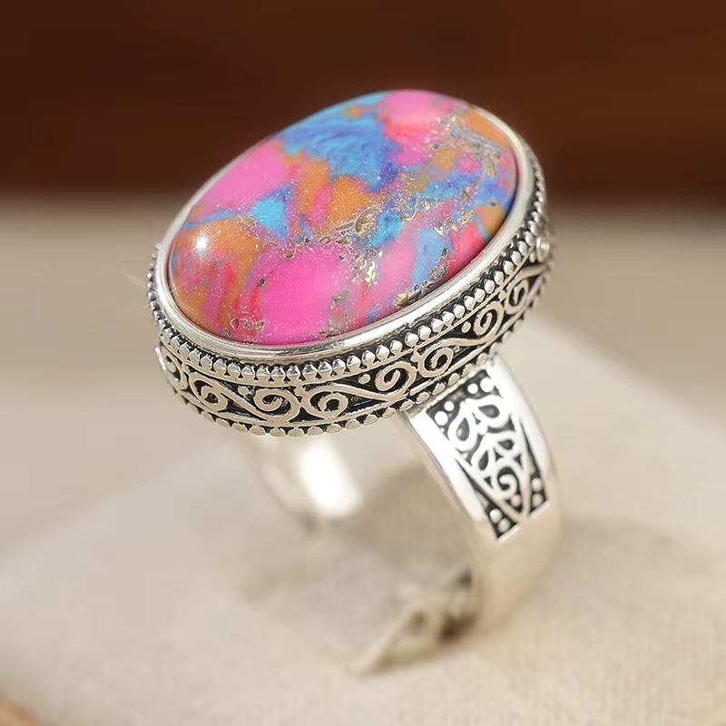 Bague vintage pour femme avec pierres multicolores incrustées, couleur argent tendance, géométrique,