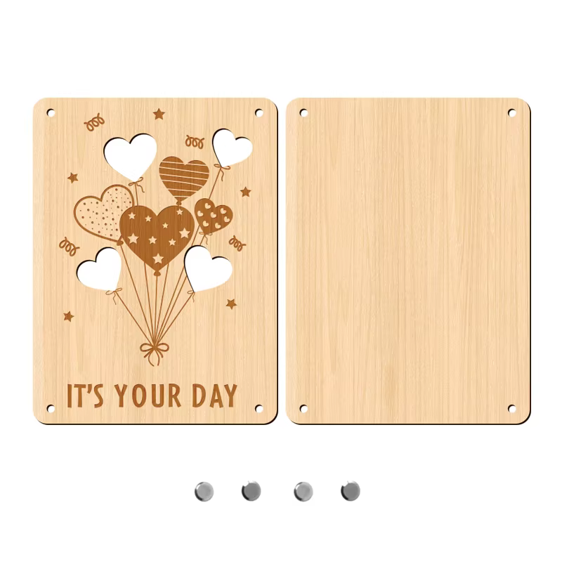 Carte de vœux de mariage, carte d'anniversaire en bois, motif de ballon en forme de cœur, couverture
