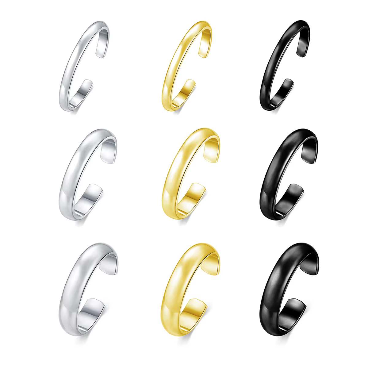 3pcs/1pc Simple surface lisse bout anneau ouvert réglable plaqué or 18K argent noir pour les bijoux 