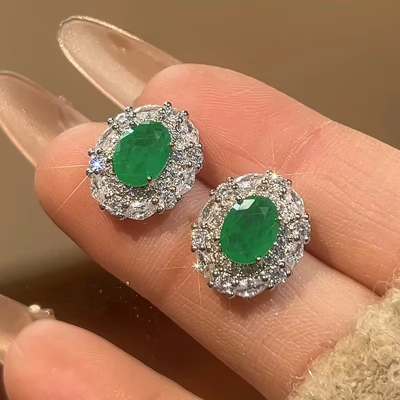 Bijoux ovales émeraude de luxe, bague réglable, pendentif, collier, boucles d'oreilles Halo scintill