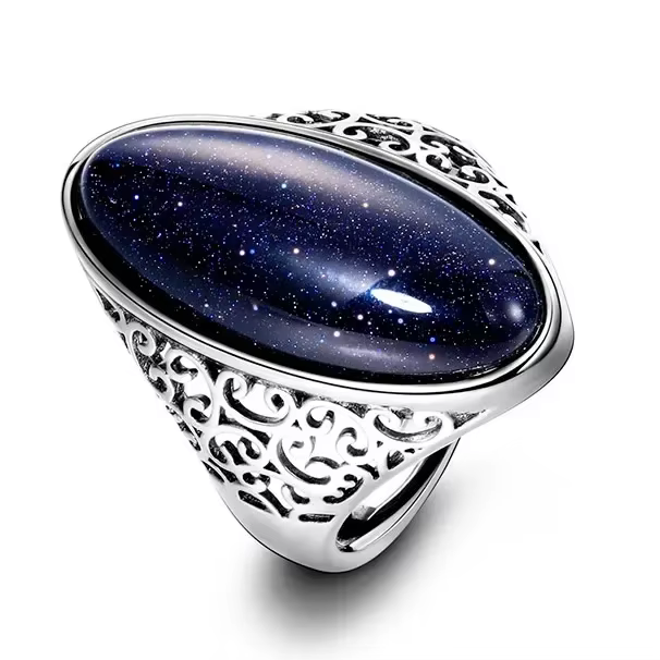 Bague rétro en argent, bijoux Vintage en pierre de grès bleue, grande pierre de luxe élégante, cadea