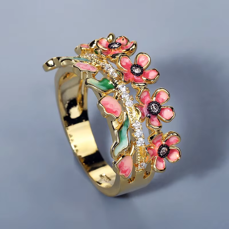 Bague fleur en émail pour femme, argent 925, or, document, créatif, élégant, bijoux fleur, rêve, fin