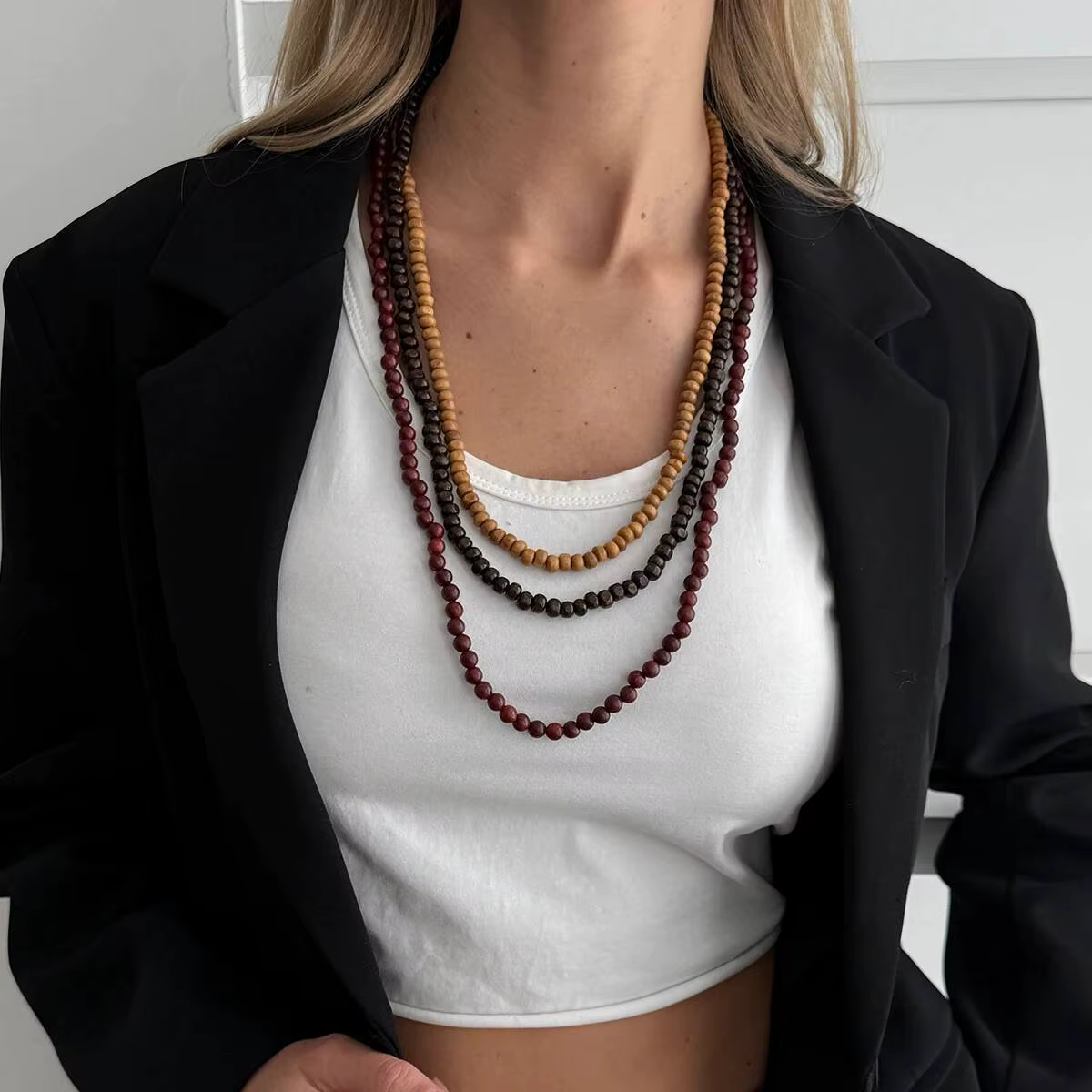 Salircon Collier ras du cou bohémien multicouche en perles de bois pour femmes, longue chaîne de p