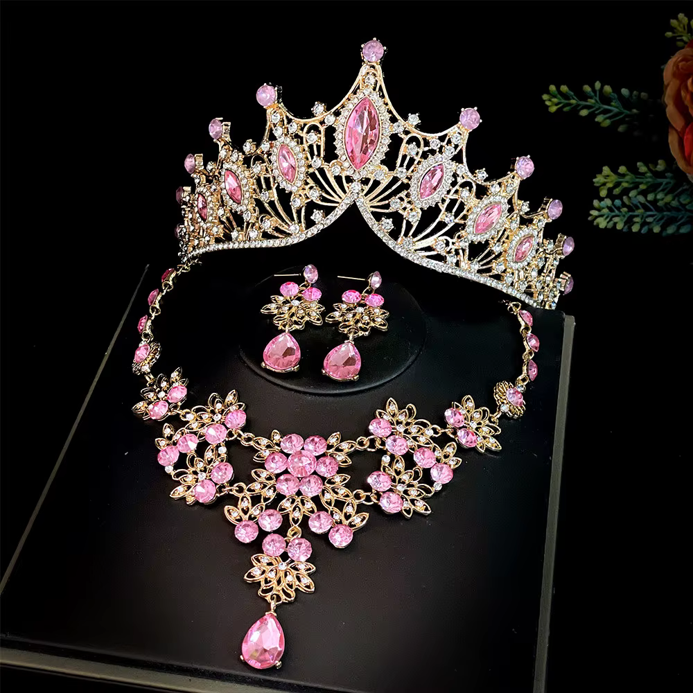 Ensemble de bijoux de mariée en cristal, couronne dorée, collier, boucles d'oreilles, 3 pièces, acce