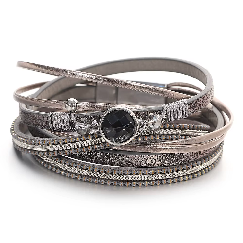 ALLYES Vintage cristal perle Bracelet en cuir pour femmes hommes Boho multicouche longue chaîne Brac