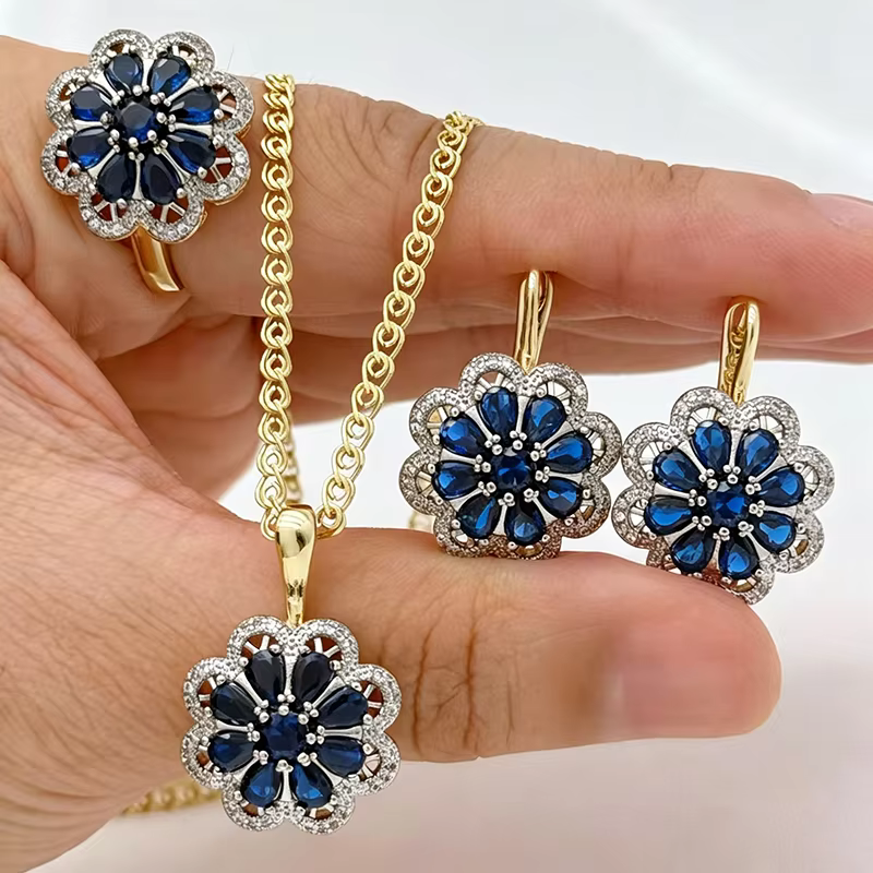 Kinel – bague, boucles d'oreilles et collier en Zircon naturel bleu brillant pour femmes, plaqué or 