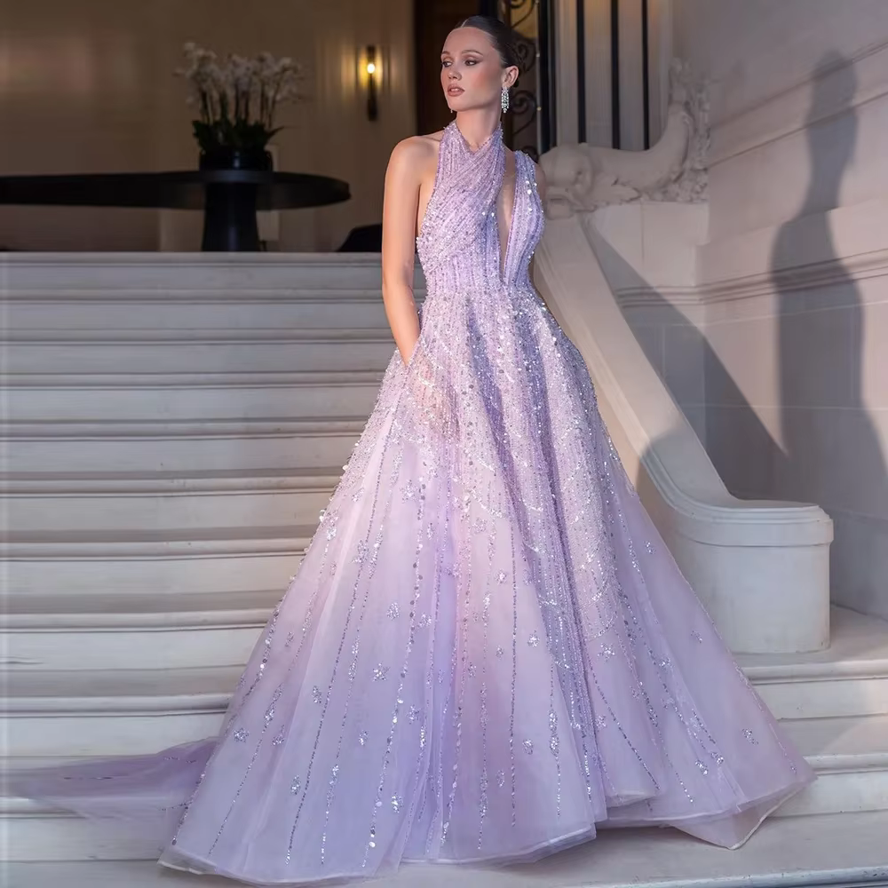 Robe de Soirée de Forme Trapèze à Col Licou et Dos aux, Tenue de Bal Formelle de Luxe Personnalisée 