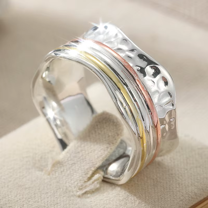 Bague large minimaliste sculptée à la main pour femme, en métal tricolore, géométrique, pour usage q
